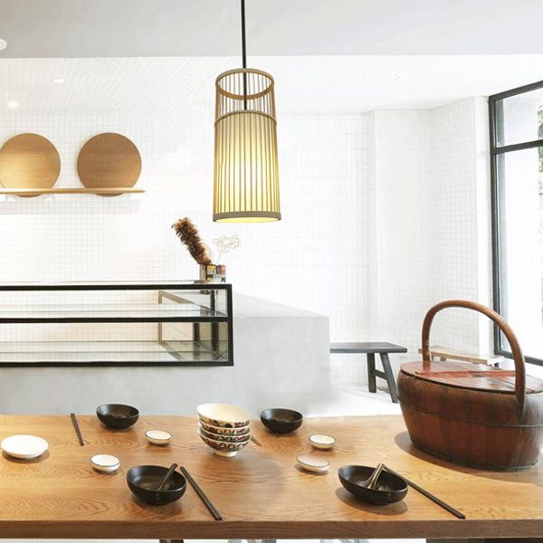 Cylinder Bamboo Shade Hanging Ceiling Lamp Contemporary Style 1 Light Beige Pendant Light Fixture