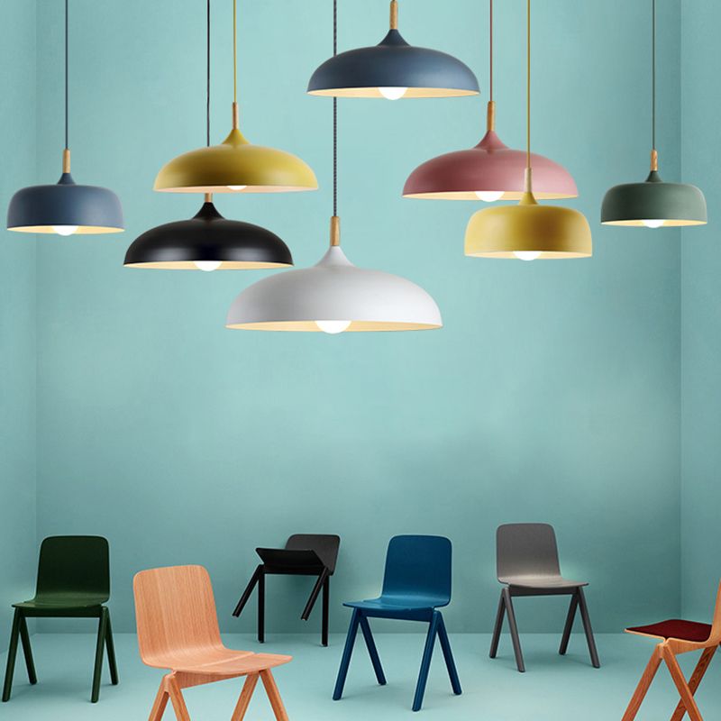 Wooden Macaron Pendant Light in Modern Creative Style Wrought Iron Dome Hanging Lamp for Dining Room