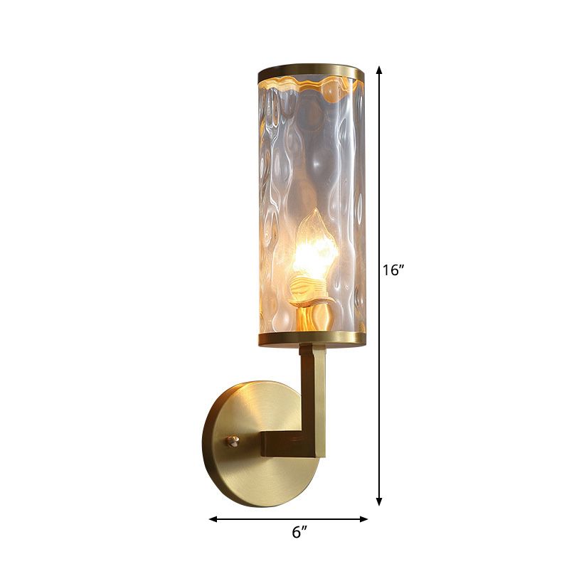 12"/16" Wide Cylindrical Sconce Lighting Modernist Clear Dimpled Glass 1 Bulb Brass Finish Wall Light