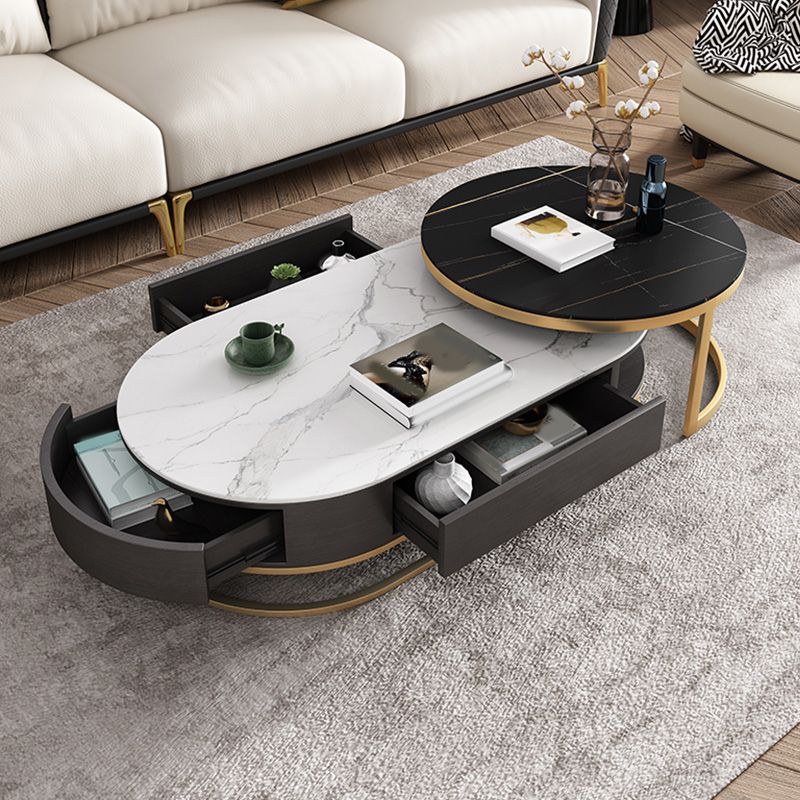 Frame Oval Coffee Table Glam Nesting Coffee Table Set with Drawer