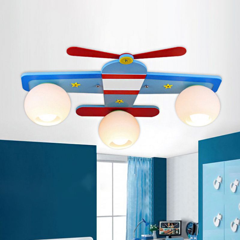 Cartoon 3/4 - Light Flushmount Blue Airplane Close to Massimale Lamp con Oval White Glass Shade, Warm / White Light