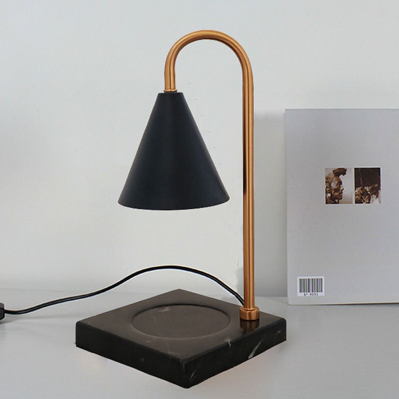 Mid-Century Cone Night Lamp Metal 1 Bulb Bedroom Gooseneck Table Lighting in Black/White/Gold with Marble Tray Base