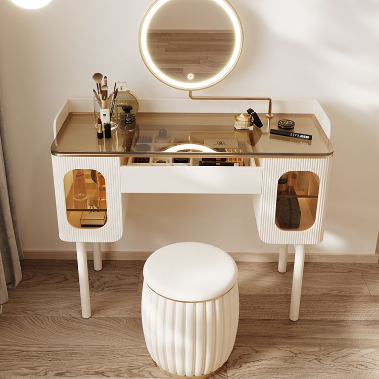Glass Top Makeup Vanity Desk Storage Dressing Table Stool Set with Drawer