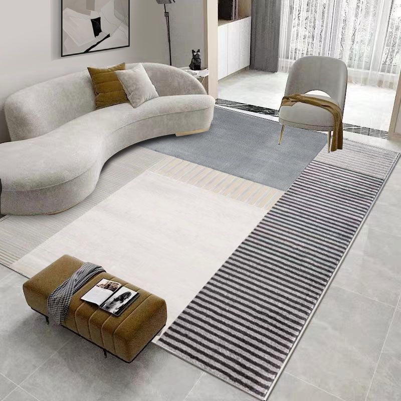 Grey Contemporary Rug Polyester Striped Rug Non-Slip Backing Rug for Sitting Room