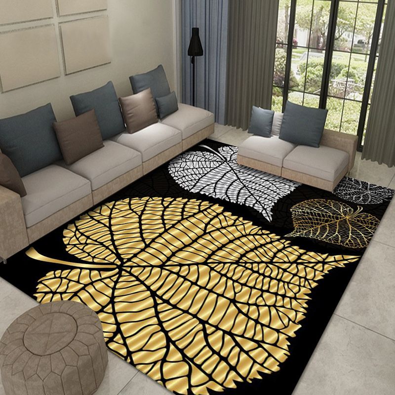Gray Modern Rug Polyester Leaves Rug Non-Slip Backing Rug Washable for Home Decor