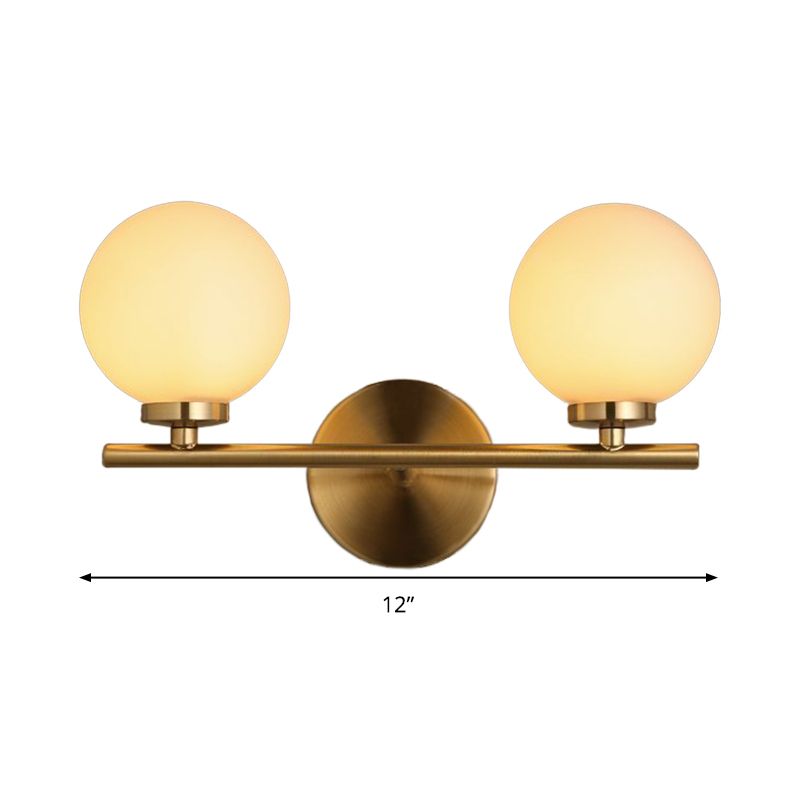 2 Bulbs Bedside Wall Lamp Modern Gold Sconce Light Fixture with Ball Milky Glass Shade