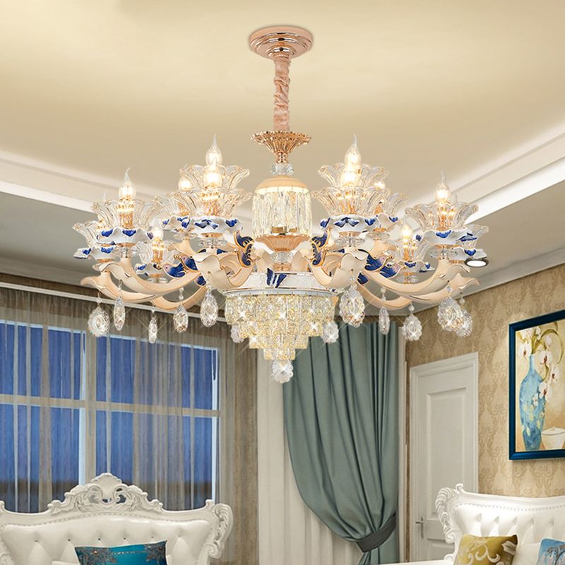 Clear K9 Crystal Flower Chandelier Traditional Dining Room Hanging Ceiling Light with Ceramic Decor