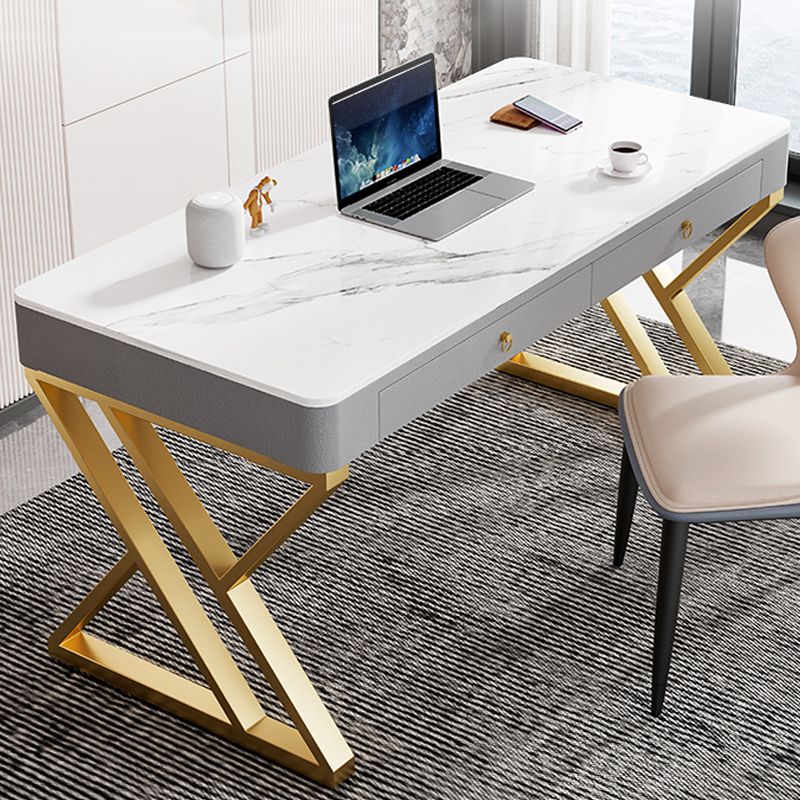 Rectangle Stone Top Office Desk Glam Style Writing Desk with Metal Base