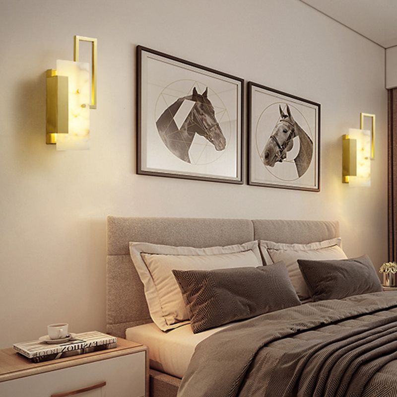 Modern Brass Wall Light Gold Geometric Wall Sconce with Mica for Bedroom