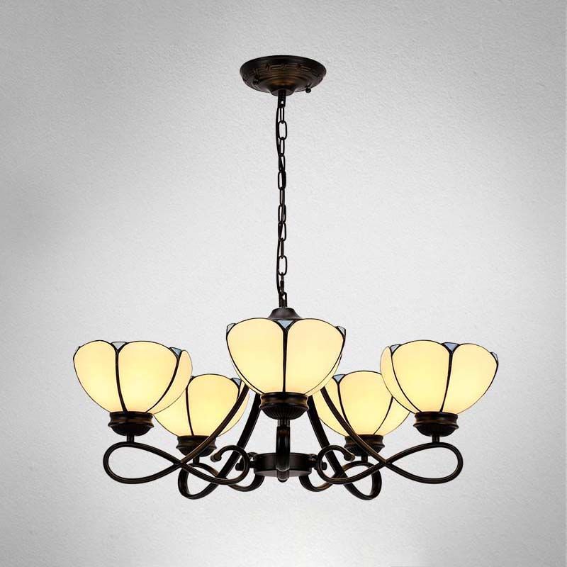 3/5 Lights Scalloped/Cone Hanging Chandelier Baroque White/Yellow/Beige Glass Suspension Lighting for Living Room with Curved Arm