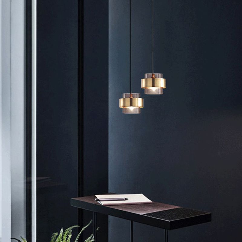 Golden Double Cylindrical Shape Mini Hanging Light Glass Shade Modern Simplicity Bedside Pendant Lamp