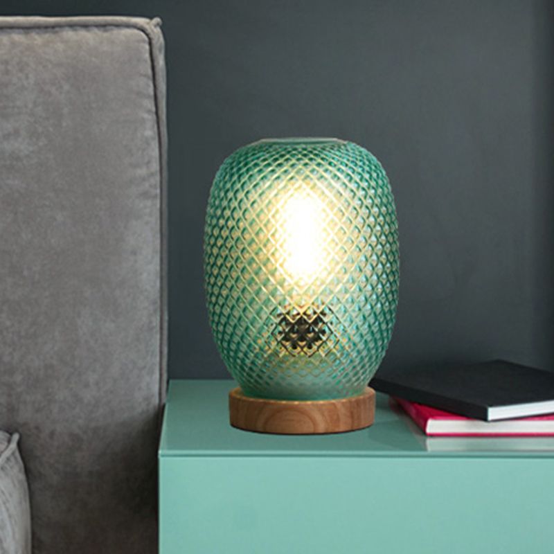 Designer Pineapple Night Table Light Green Glass 1 Bulb Bedside Reading Lamp with Wood Base