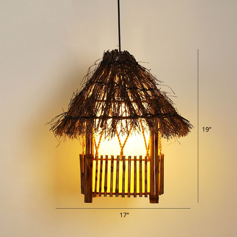 Asian House Shaped Pendant Lamp Bamboo Single-Bulb Restaurant Hanging Light Fixture
