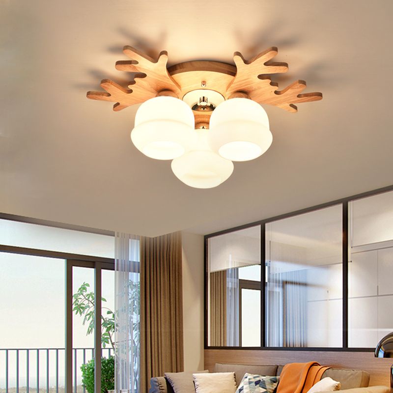 White Bud Shade Ceiling Mount Light with Beige Antlers Lovely Wooden Ceiling Lamp for Kid Bedroom