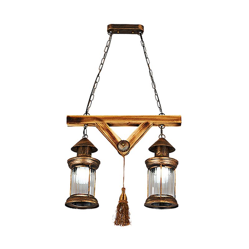 Aged Bronze 4-Light Island Light Fixture Coastal Prismatic Glass Lantern Pendant Lighting