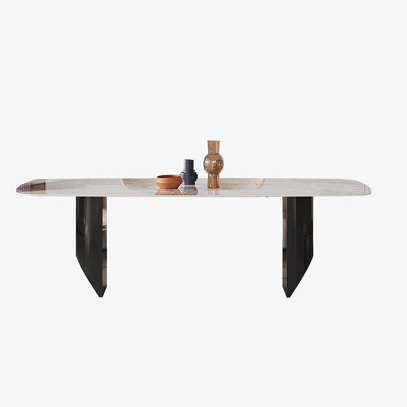 Rectangle Stone Top Dining Table Contemporary Dining Table with Double Pedestal Base