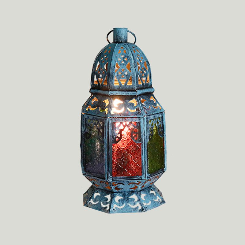 Verouderde kandelaarde bureau licht 1 kop metalen nachttafellamp in blauw met getextureerde glazen schaduw