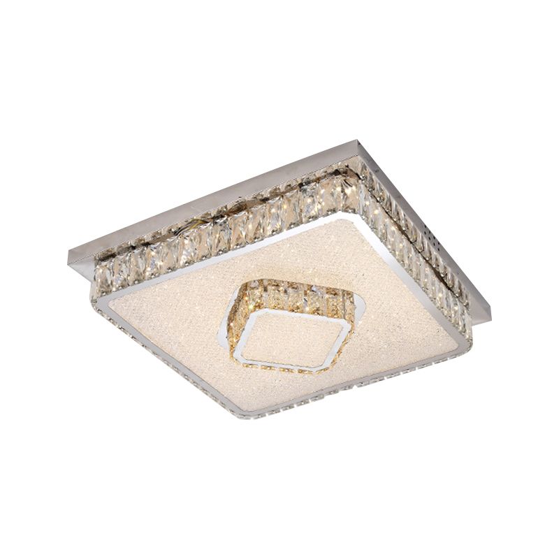 Beveled Crystal Square Flush Mount Lamp Simple LED Chrome Close to Ceiling Lamp in Warm/White Light