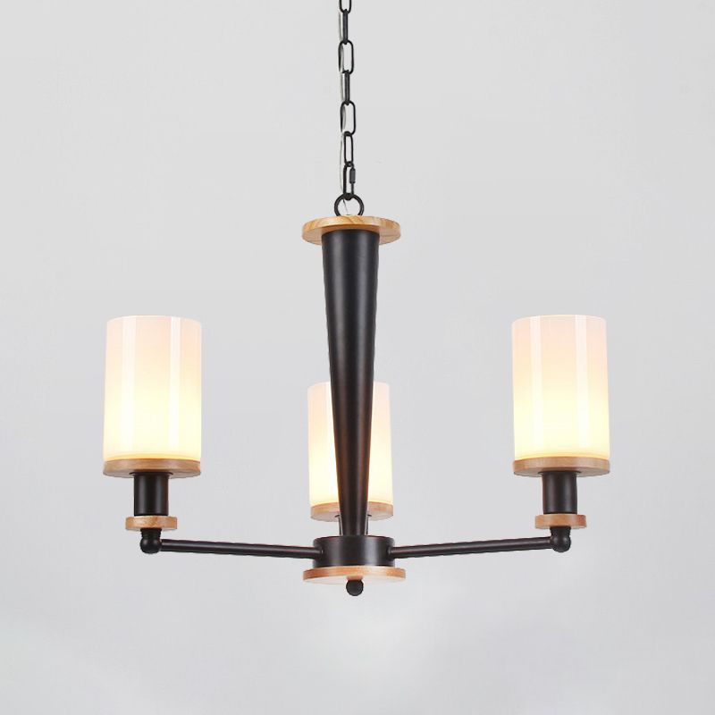 Traditional Cylindrical Pendant Chandelier 3/5/6 Heads White Glass Radial Hanging Ceiling Light in Black