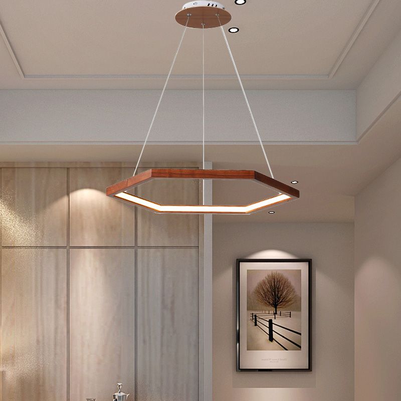 Hexagonal Pendant Chandelier Contemporary Acrylic LED Light/Dark Wood Hanging Ceiling Light, 16"/19.5"/23.5" Wide