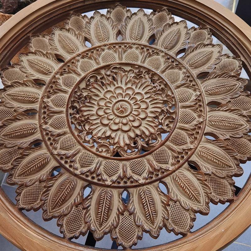 Dia 19.7" Cross Legs End Table Distressed Wood Side Table with Engraved Design