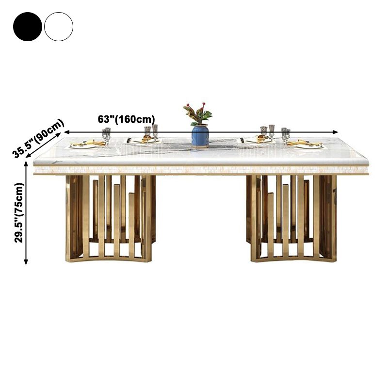 Traditional Luxury Marble Dining Table Rectangle Table with Metal Double Pedestal in Gold
