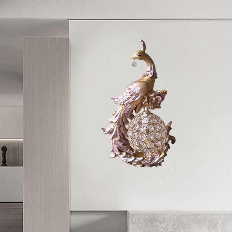 1 Light Peacock toward Left/Right Sconce Light Retro White/Blue/Purple Resin Wall Mounted Light with Globe Shade