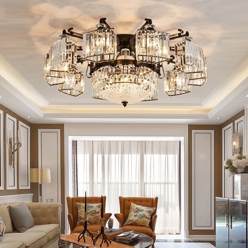 Clear Crystal Radial Flush Chandelier Traditional Living Room Semi Flush Mount Light in Black
