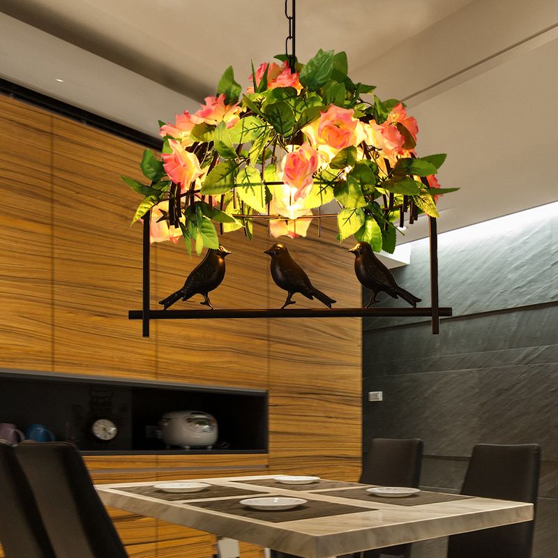 Industrial Birdcage Island Light Fixture 1/3-Light Iron Down Lighting Pendant in Black with Rose Decoration