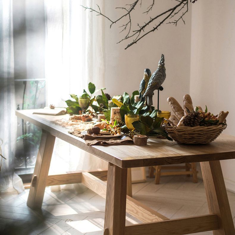 Einfache massive Holzküche Esstisch Khaki Rechteck Form Esstisch mit Trestle Basis