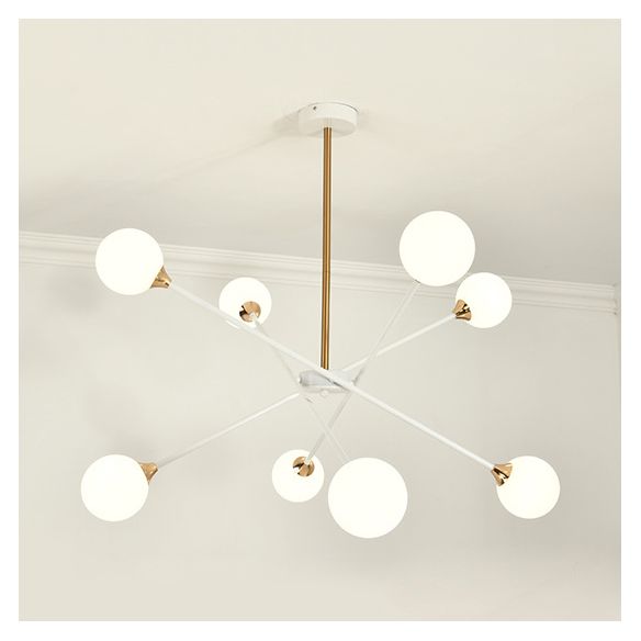 Contemporary White Arm Chandelier Line Metallic Amber//Clear/Silver/Smoke Grey/White Suspension Light with Spherical Shade for Study Room