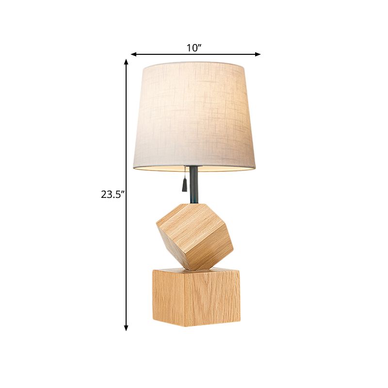 Lampada da comodino beige/barile marrone semplice 1 tavolo da notte in tessuto a testa con base cubica in legno