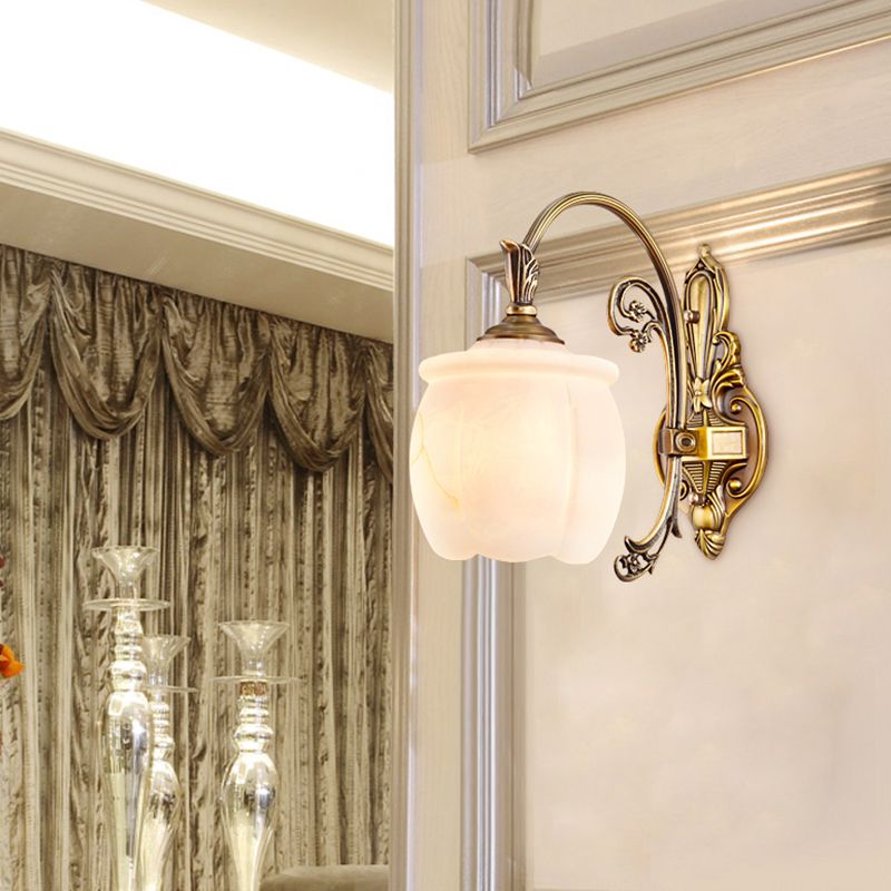 Flower Shaped Foyer Wall Lamp Traditional Opal Glass Bronze Finish Wall Mounted Light