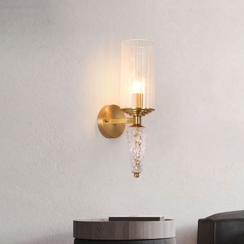 Cylindrical Clear Glass Shade Wall Mounted Lighting Vintage 1 Bulb Wall Lighting Fixture in Brass for Bedside