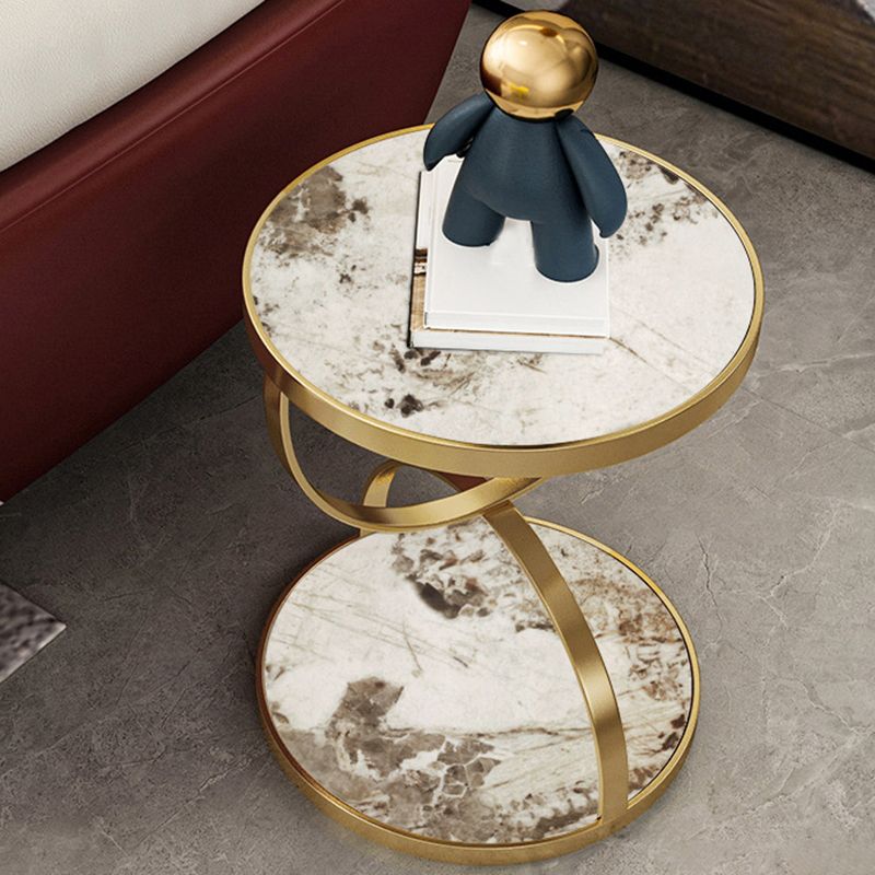 Glam Round Double Tier End Table Glossy Stone Side Table with Shelf