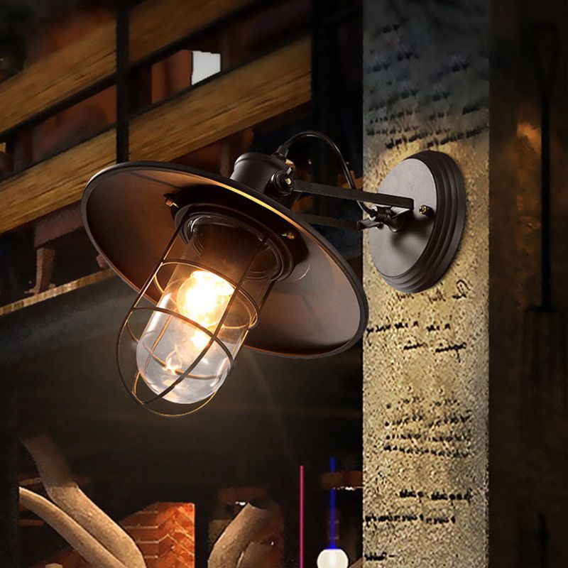 Black Finish Wire Cage Wall Lighting Industrial Metal 1 Light Coffee Shop Wall Mount Sconce with Clear Glass Shade