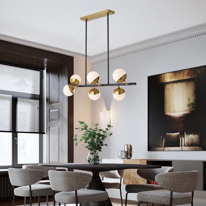 Modern 6 Lights Island Lighting Black Brass Globe Glass Pendant Light