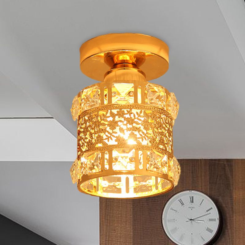 Minimalist Cylinder Ceiling Light Single Bulb Faceted Crystal Flush Mount Lighting in Gold