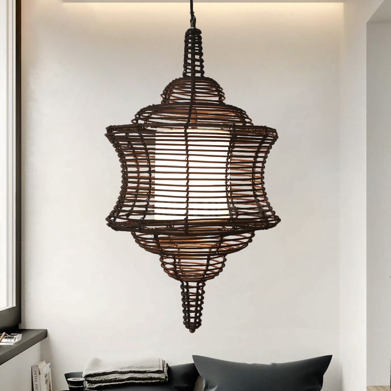 Curvy Ceiling Lamp Asia Rattan 1 Bulb Coffee Hanging Pendant Light with Inner White Tubular Shade
