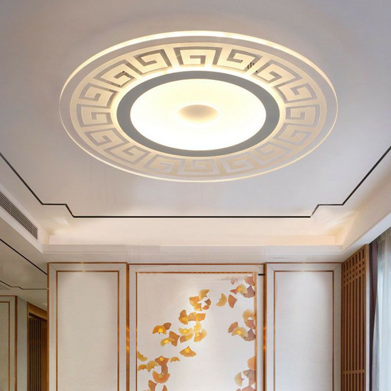 Luz empotrada LED de forma redondeada acrílica, luz de techo blanca artística, montaje empotrado con decoración de llave griega para dormitorio