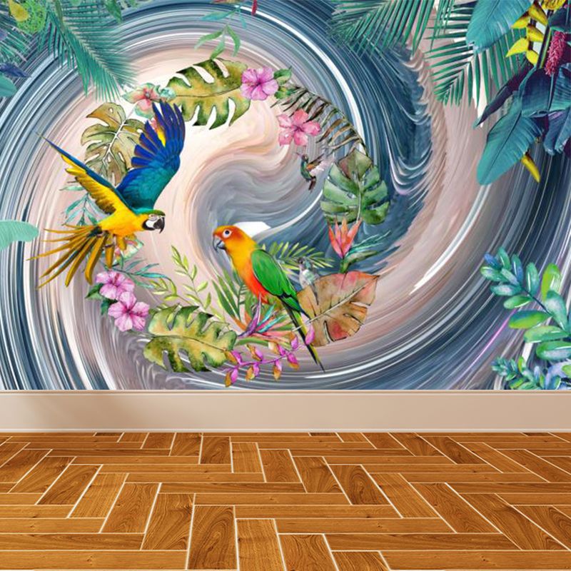 Tropical Style Teenagers Mural Decal Lush Botanical and Birds Blue Wall Covering