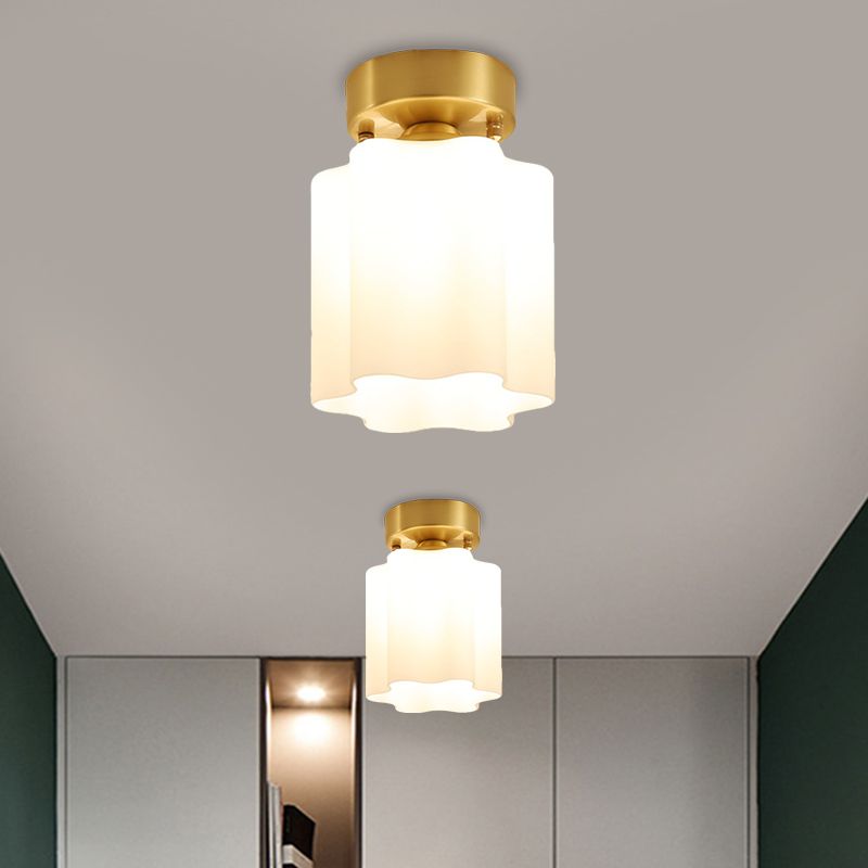 White Glass Brass Flush Lamp Scalloped/Shell/Trapezoid 1 Light Cottage Ceiling Mounted Lighting for Stairway