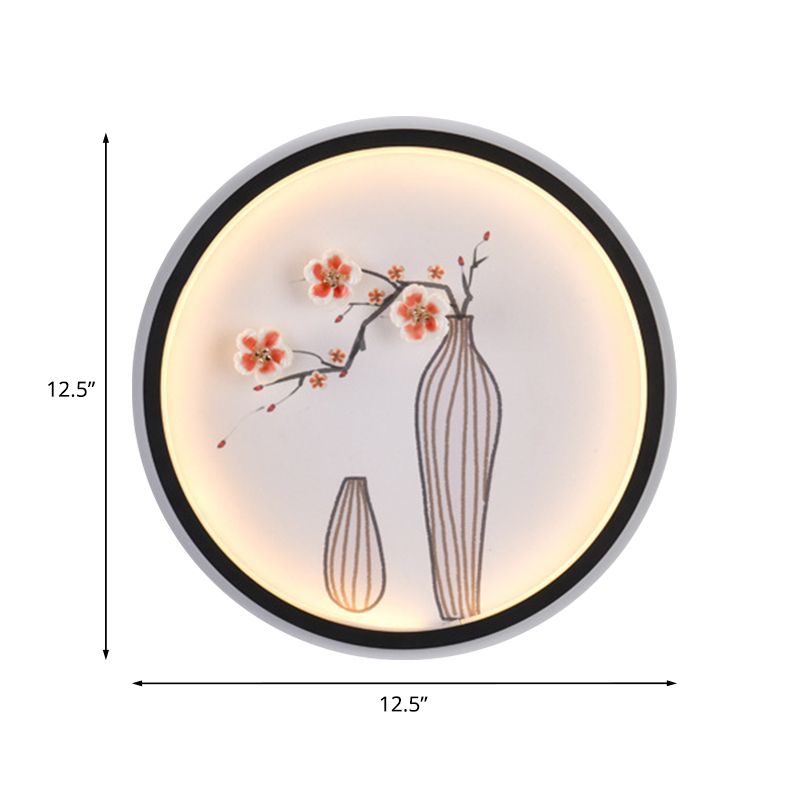 Plum and Vase Dining Room Mural Lighting Ceramic Minimalist LED Circle Wall Mount Lamp in Black
