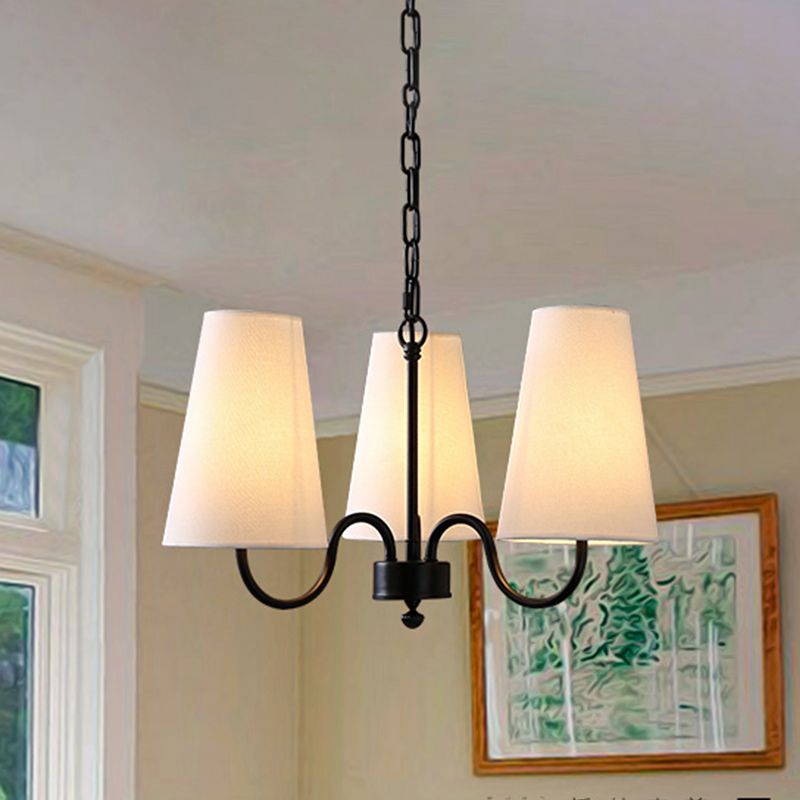 3/5 Bulbs Chandelier Lighting Fixture Rural Living Room Pendant Lamp with Conical Fabric Shade in Black