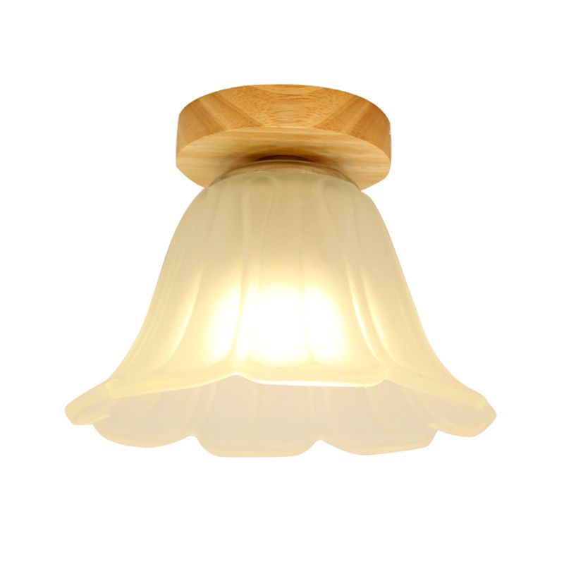 1-Head Corridor Flush Mount Lamp Modernism Wood Flushmount with Flower White Glass Shade