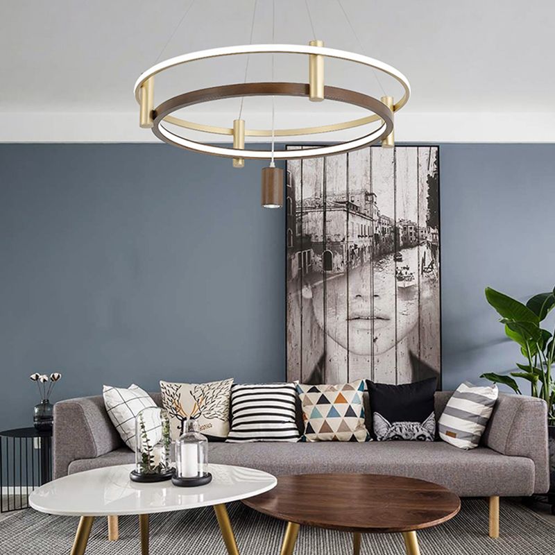 Natural Wood Circle Chandelier Simplicity LED Pendant Light with Spotlight