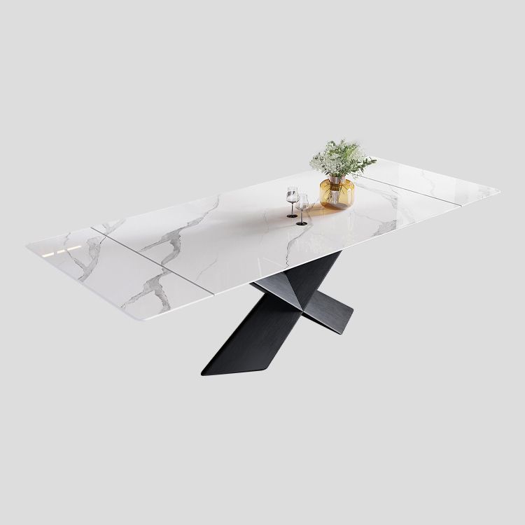 Mesa de comedor de piedra sinterizada extensible Mesa blanca industrial con pedestal de metal