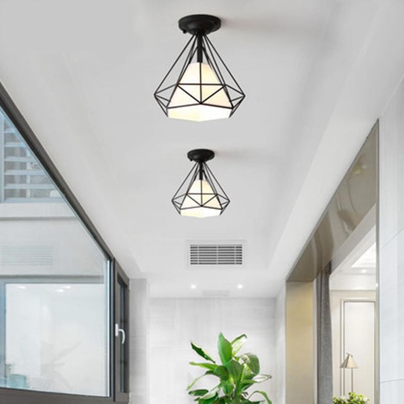 Plafonnier simple à encastrer, luminaire vintage en métal en forme de diamant avec abat-jour en tissu conique