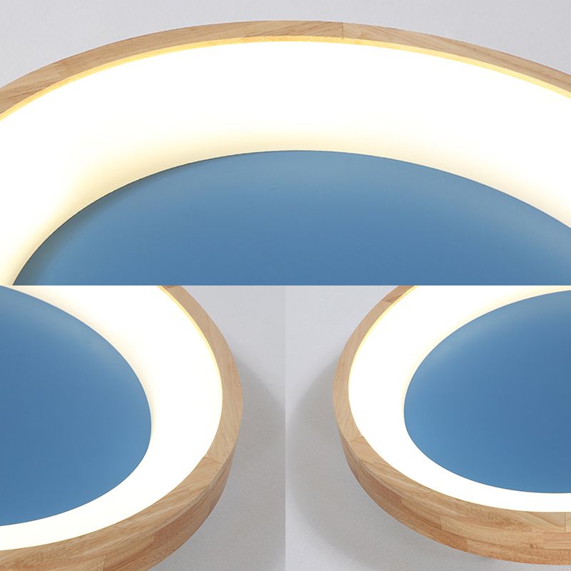 Wood Circular Thin Flushmount Lighting Nordic Style Green/Blue LED Ceiling Mounted Light, 12"/16"/19.5" Width