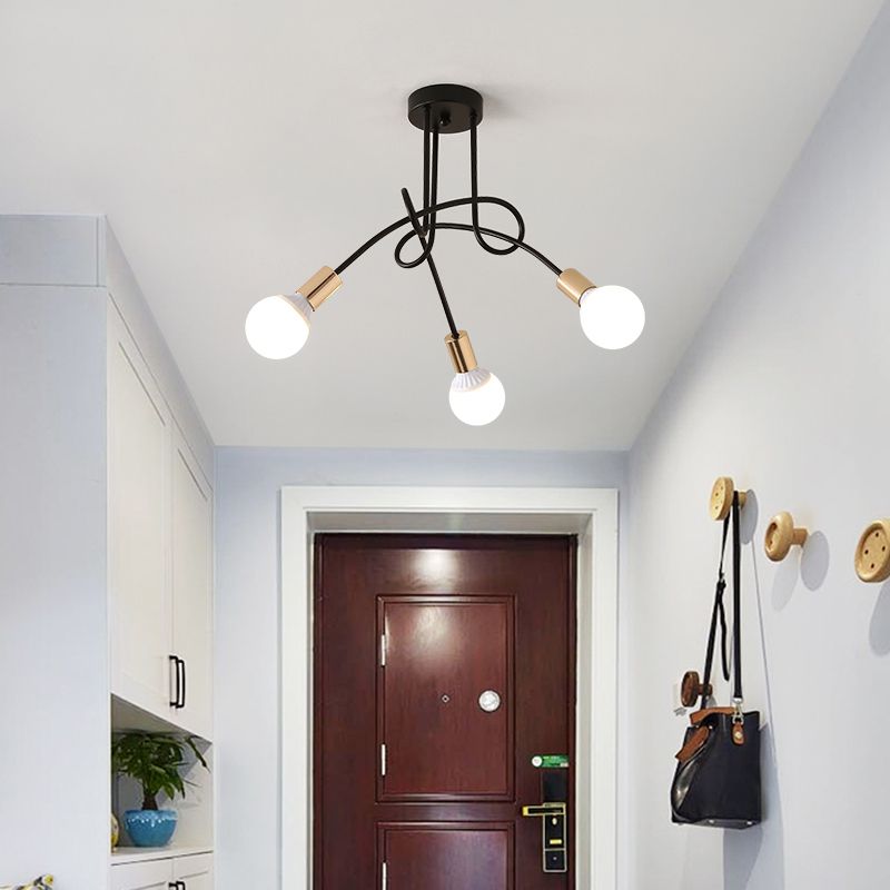 Iluminación de montaje semiempotrado trenzado negro/dorado con bombilla abierta, lámpara de techo de cocina de metal industrial de 3/5/6 luces